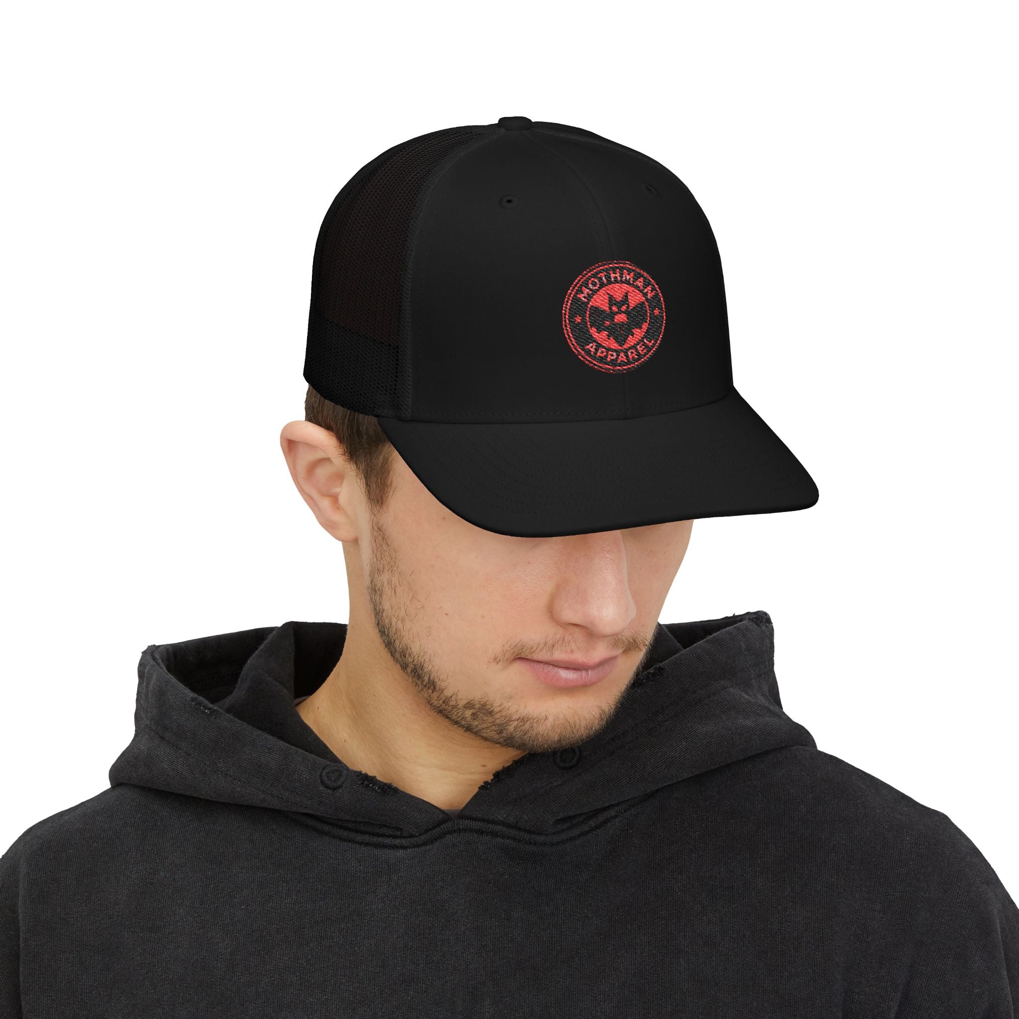 Embroidered Trucker Cap — Red Mothman Apparel Patch
