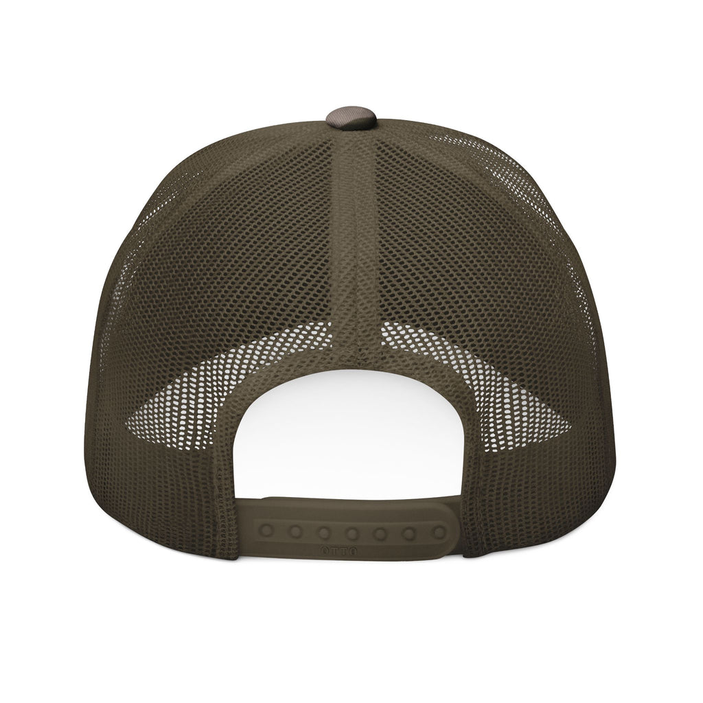 Camo Trucker Hat — Embroidered Red Skull Patch