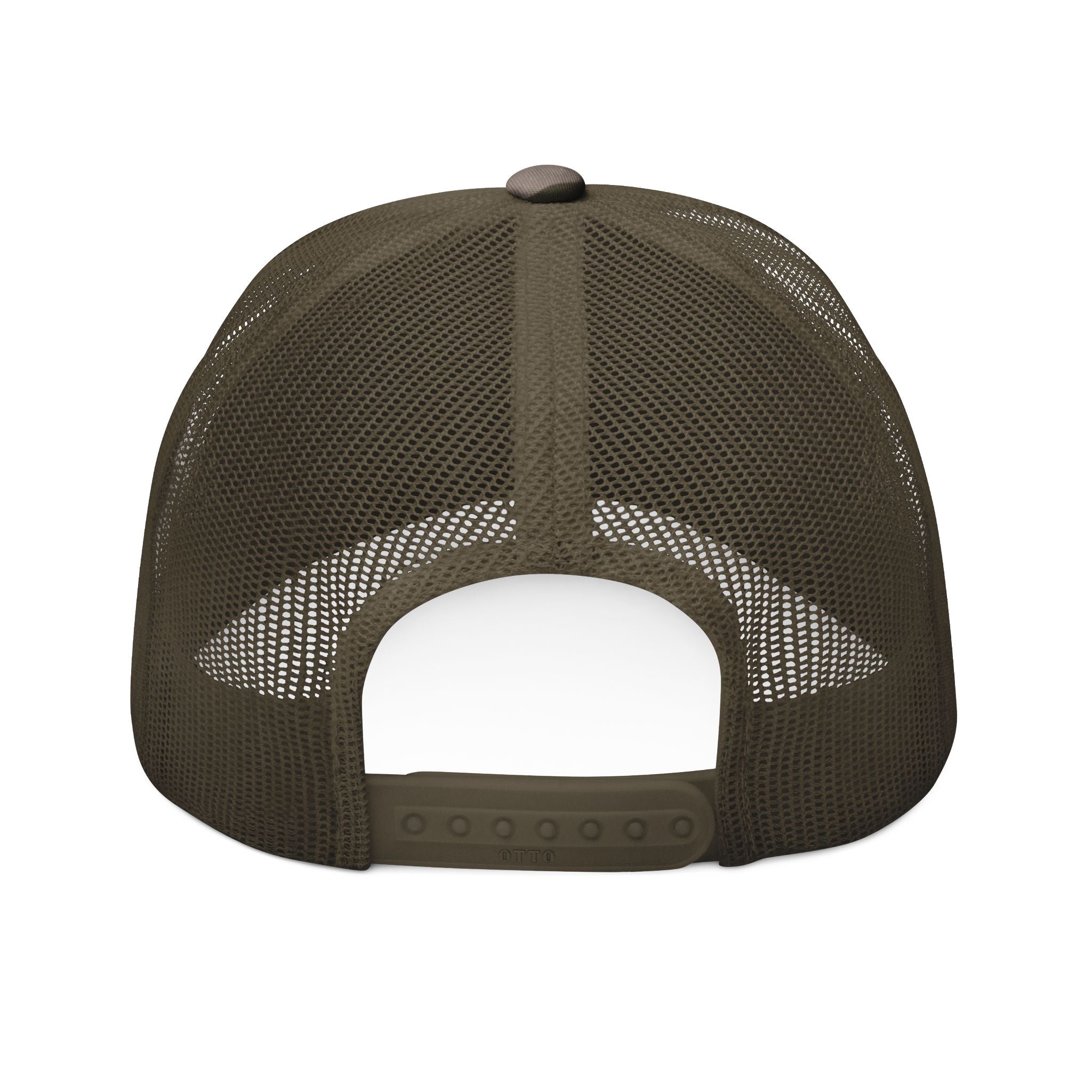 Camo Trucker Hat — Embroidered Red Skull Patch