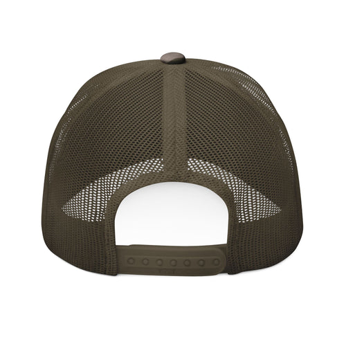 Camo Trucker Hat — Embroidered Red Skull Patch