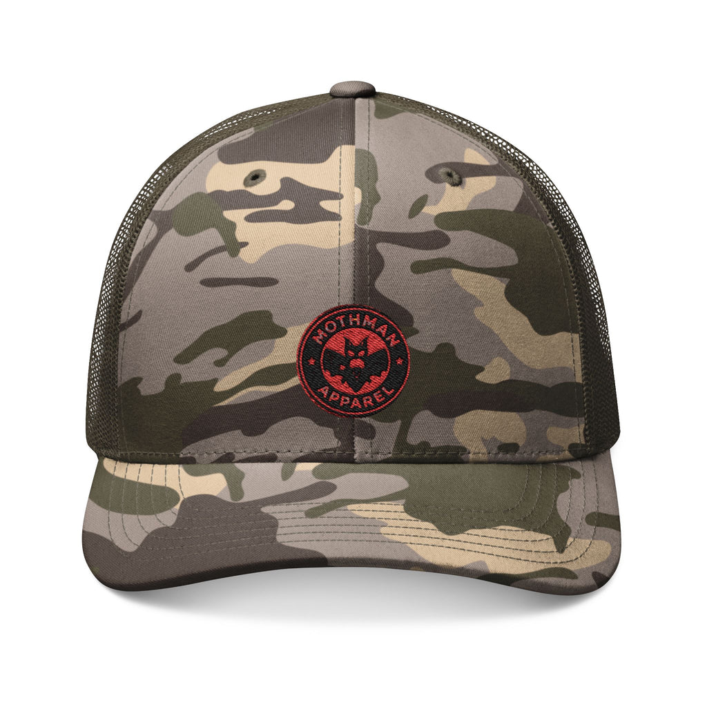 Camo Trucker Hat — Embroidered Red Skull Patch