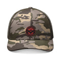 Camo Trucker Hat — Embroidered Red Skull Patch